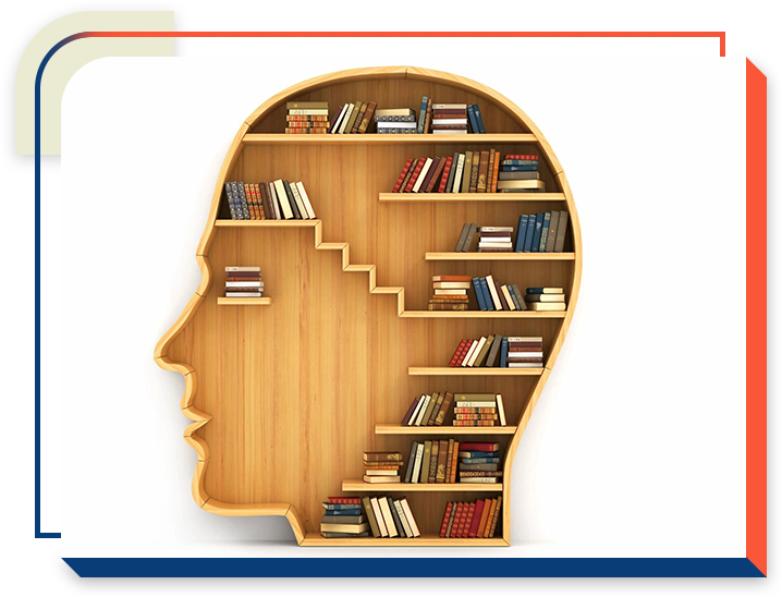 1 A wooden head with books on the shelves.